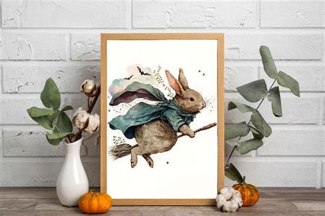 Bunny Rabbit Witch on a Broomstick Wall Art Whimsical - Etsy