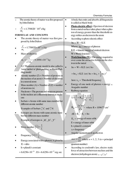 Chemistry Formula For Class 11 Chapter Atomic Structure PW