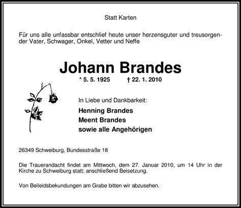 Traueranzeigen Von Johann Brandes Nordwest Trauer De