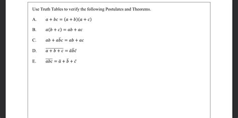 Solved Use Truth Tables To Verify The Following Postulates Chegg