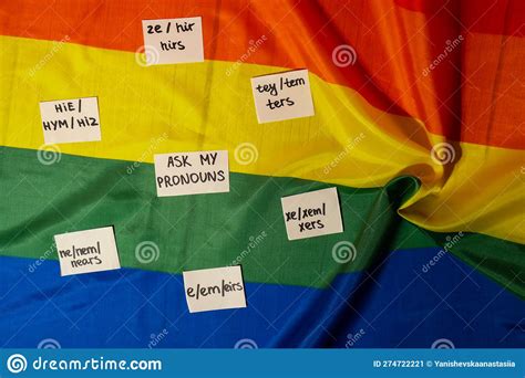 Ask My Pronoun Neo Pronouns Concept Rainbow Flag With Paper Notes Text