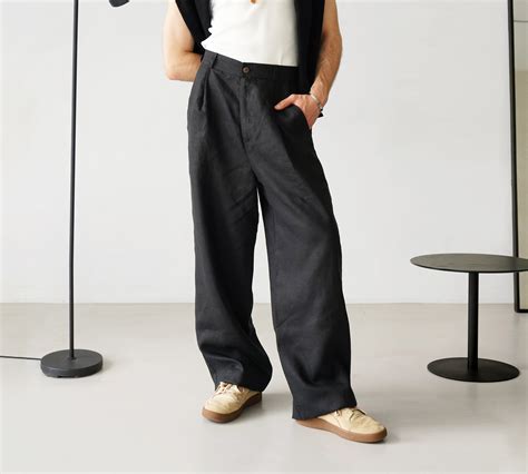 Wide Mens Linen Palazzo Pants With Pleats High Waist Wide Etsy