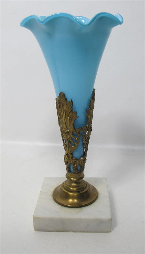 Victorian 19 C Blue Milk Glass Epergne Fluted Vase Ormolu Bronze Marble Base Yqz Ebay