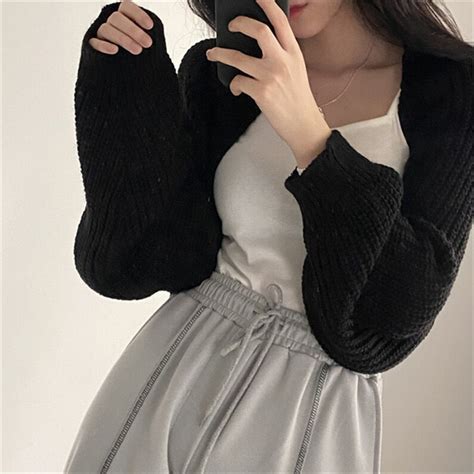 Chunky Cropped Knitted Cardigan Long Sleeves Arm Warmer Y2k Etsy