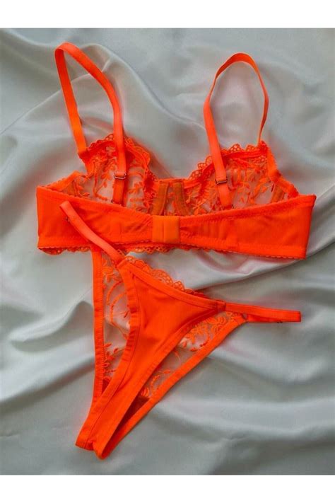 ARONA Neon Turuncu Balenli Tül Dantel Brode Sütyen Bralet Tanga Iç Çamaşırı Takım Lingerie