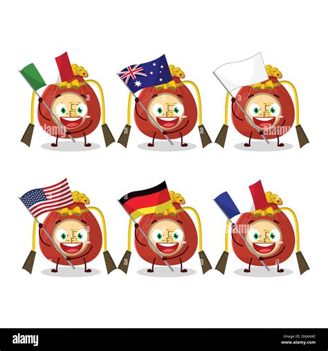 Red Bag Chinese Cartoon Character Bring The Flags Of Various Countries