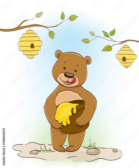 Cute Little Cartoon Bear Eating Honey Beehives On Trees Vector