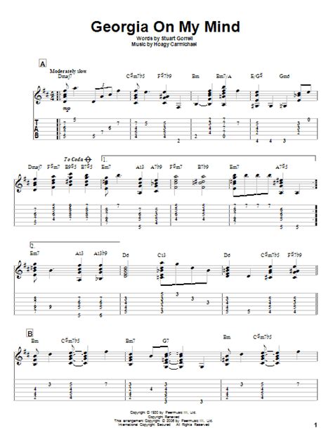 Georgia On My Mind By Ray Charles Sheet Music For Solo Guitar At Sheet Music Direct