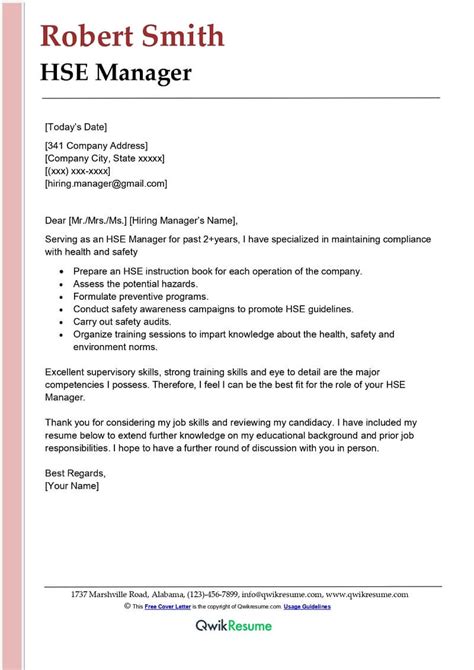 HSE Manager Cover Letter Examples QwikResume