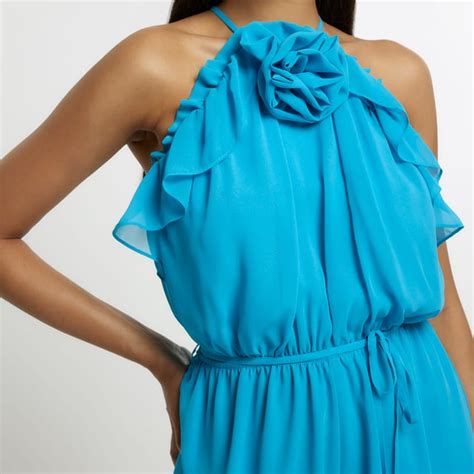 River Island Womens Playsuit Blue Chiffon Corsage Detail