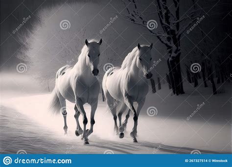 Ai Generated Illustration Of Two White Horses Running In A Snowy Forest