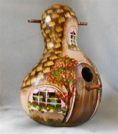 Hand Painted Brown Thatched Cottage Gourd Birdhouse By Houseofgourds On