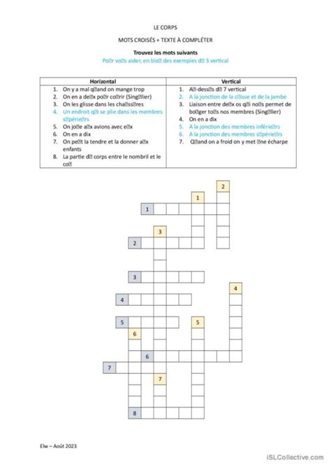 Mots Crois S Pratique Du Vocabulaire Fran Ais Fle Fiche