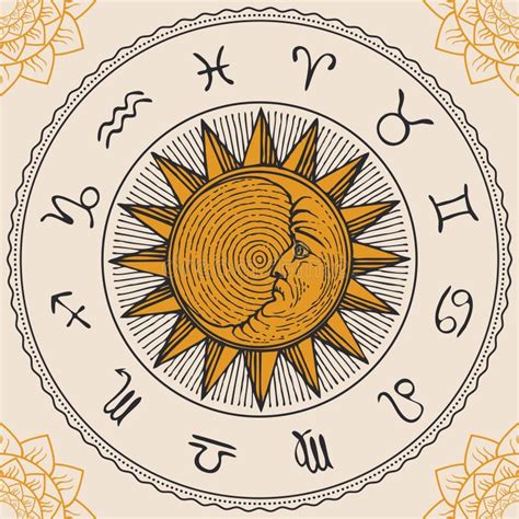 Circle Zodiac Signs With Hand Drawn Sun Stock Vector Illustration Of