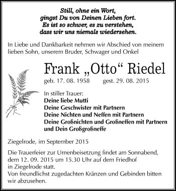 Traueranzeigen Von Frank Riedel Abschied Nehmen De