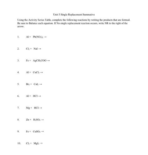 Solved CHEMISTRY SINGLE REPLACEMENT REACTION WORKSHEET Using