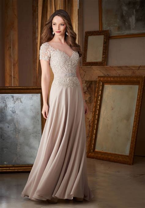 Sheath Illusion Neckline Long Champagne Chiffon Lace Beaded Evening