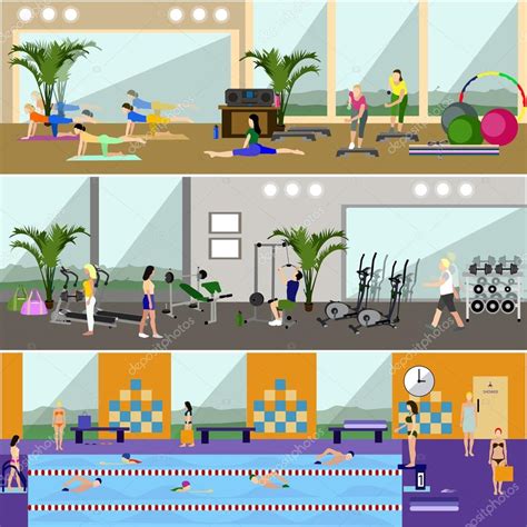 Horizontal vector banners with gym interiors. Sport activities concept ...