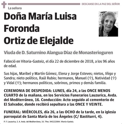 Mar A Luisa Foronda Ortiz De Elejalde Esquela Necrol Gica El Correo