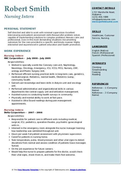 Nursing Intern Resume Samples Qwikresume