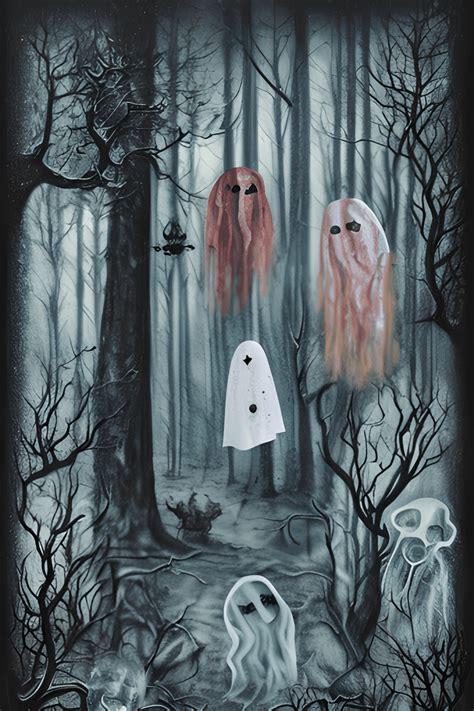 3 Vintage Ghosts In A Dark Forest Painting Digital Airbrushing