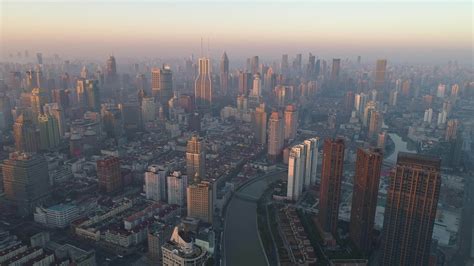 Shanghai Skyline in the Sunny Morning. Puxi District. China. Aerial ...