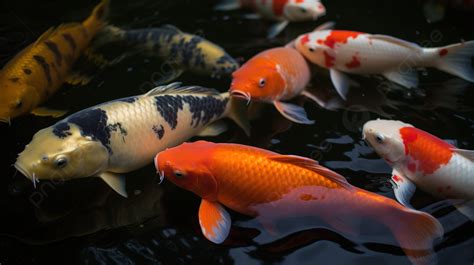 Fondo Grupo De Coloridos Peces Koi Nadan En Un Estanque Oscuro Fondo