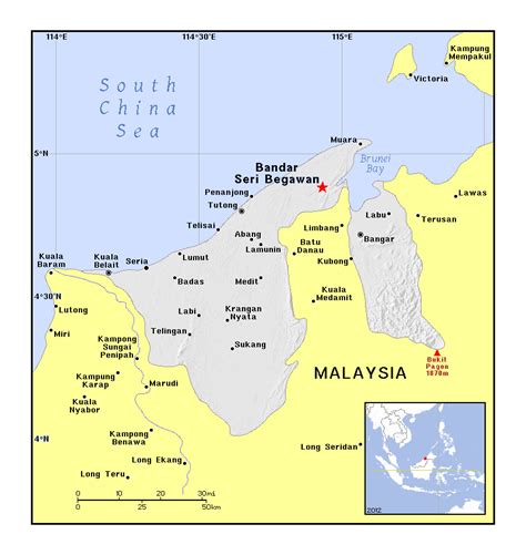 Detailed Political Map Of Brunei With Relief Brunei Asia Mapsland