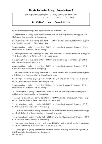 Elastic Potential Energy Calculations Worksheets Teaching Resources