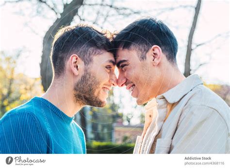 Loving Gay Couple Standing Face To Face In Park Kissing A Royalty