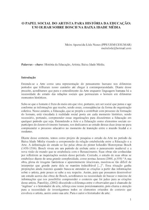 PDF O PAPEL SOCIAL DO ARTISTA PARA HISTRIA DA EDUCAO Essa Ser A