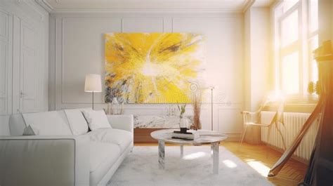 Elegant Luxury White Living Room with Abstract Oil Painting in Yellow ...