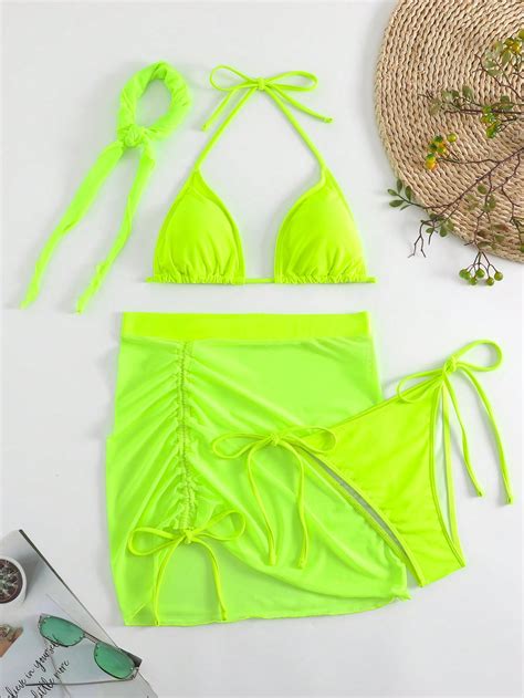 Shein Swim Y Glam Liso Ba Ador Bikini Tri Ngulo Halter Con Falda De