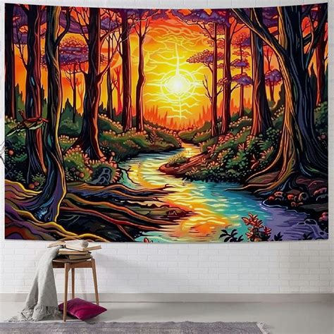 Nawypu Sun Tapestry Trippy Forest Tree Tapestry Vintage Aesthetic Plant