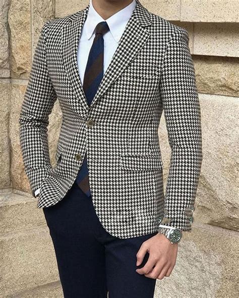 Houndstooth Suit Men For Groomsmen Wedding Men Outfits 2 Piecesjacket Pants Groom Tuxedo