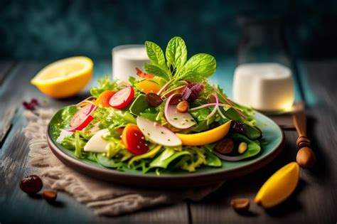 Un Plato De Ensalada Con Una Hoja Verde Y Un Plato De Limones Sobre La