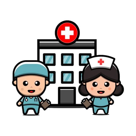 Premium Vector | Cute doctor and nurse in front of hospital Building cartoon character