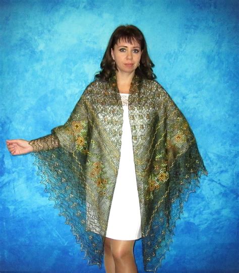 Dark Green Embroidered Orenburg Russian Shawl Hand Knit Cover Up Wool