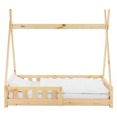 Cama infantil Tipi con protección anticaída de pino natural con colchón