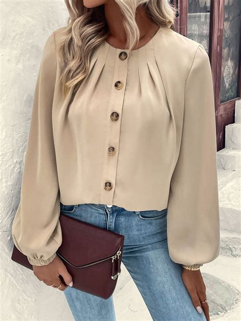 Solid Button Front Plicated Detail Bishop Sleeve Blouse Women Blouses