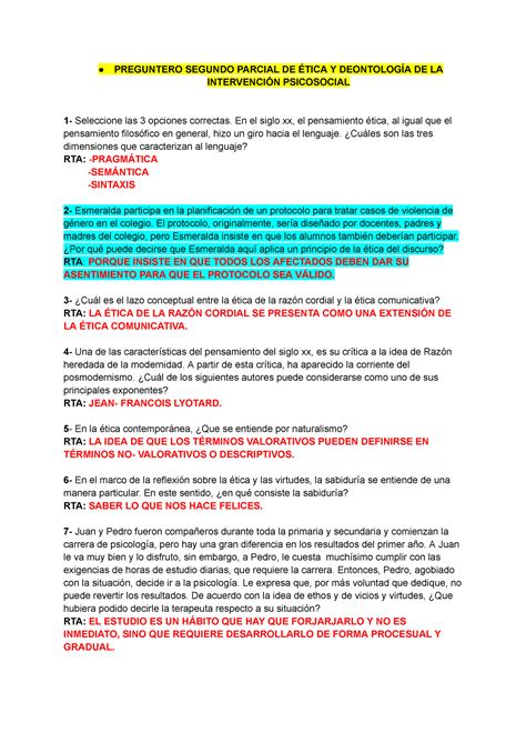 Preguntero Segundo Parcial DE Etica Y Deontologia DE LA Intervencion