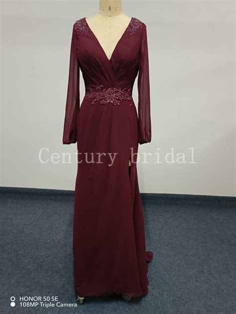 Wholesale Deep V Neckline Long Sleeves Chiffon Hand Beadedwork