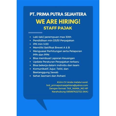 Lowongan Kerja 2022 Staff Pajak PT Prima Putra Sejahtera INFO LOKER SOLO