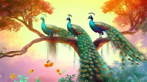 Vibrant Peacocks Perched On Tree Branches Against A Scenic Landscape In