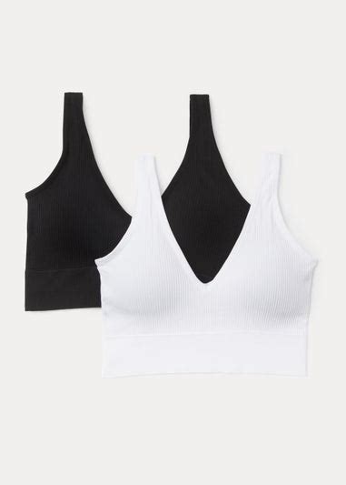 2 Pack Seamless Black And White Ribbed Bralettes Matalan