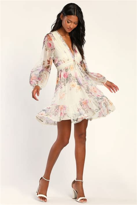 Ivory Mini Dress Floral Dress Long Sleeve Mini Dress Lulus