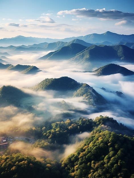 Premium AI Image | Beautiful morning on the Mountain taken from top view