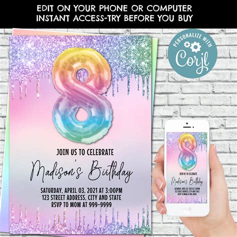 Editable 8th Birthday Invite 8th Birthday Invitation Rainbow Etsy