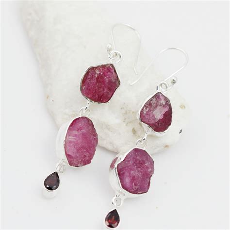 Rough Ruby n Garnet set earrings and silver Pendant