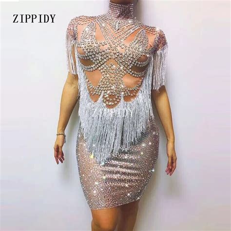 Luxury Sparkly Silver Diamonds Crystals Tassel Sexy Dress Nightclub